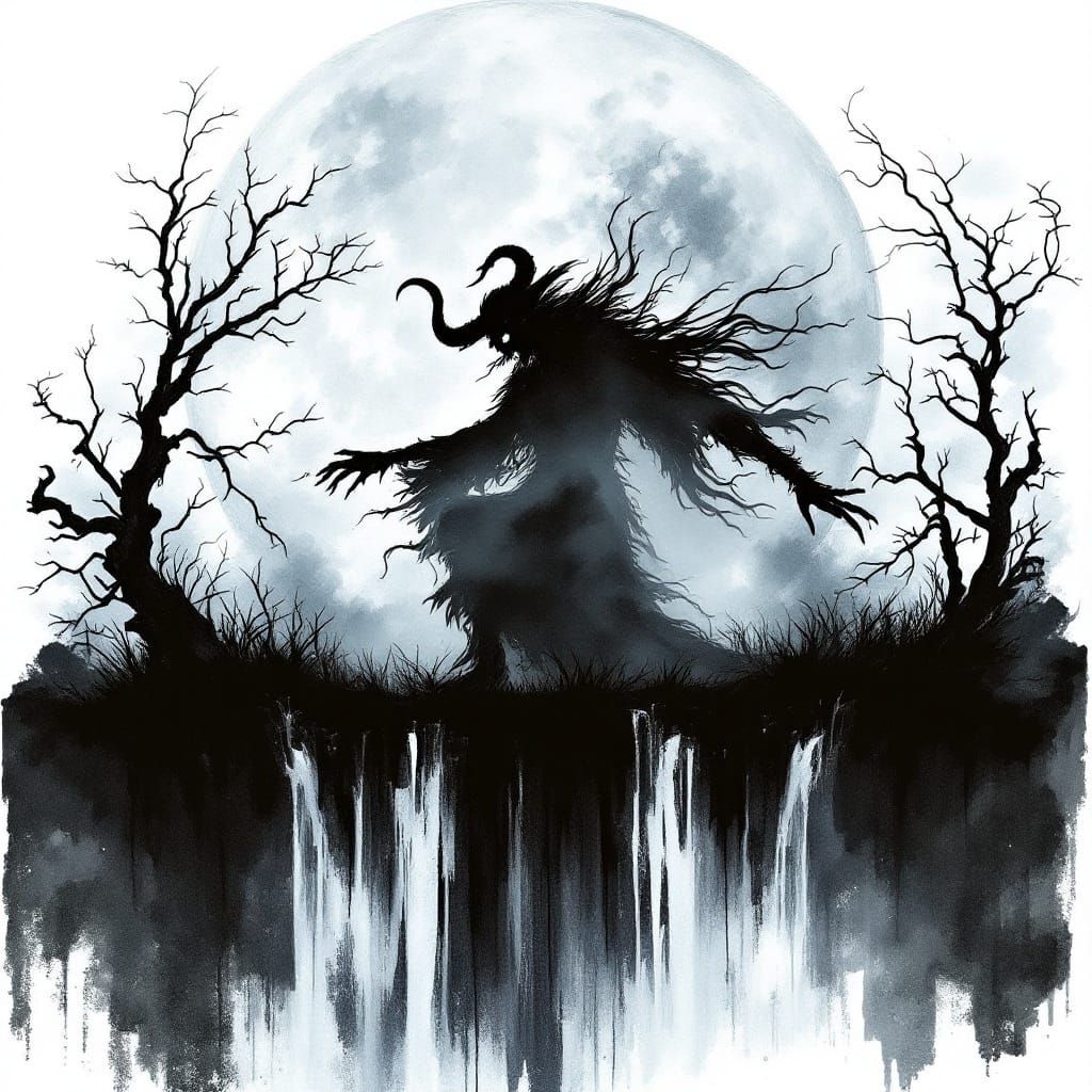 Dark Fantasy Witch Silhouette Against Full Moon