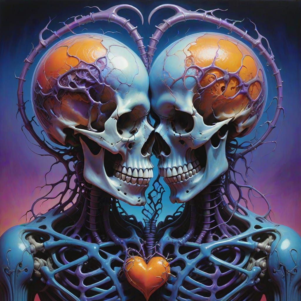 Surreal, Intricate Skull Figures Form Heart Shape in Biomech...