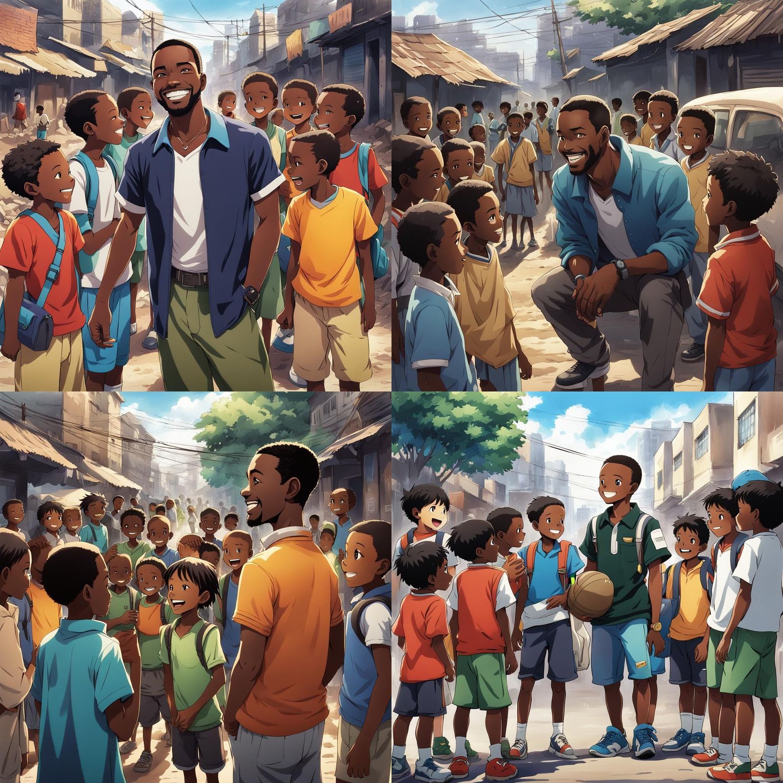 Smiling Volunteer Talks to Children: Anime Style