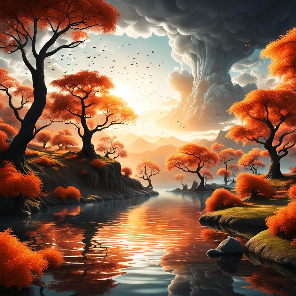 Orange Sunrise Over Lake: Hyperrealistic Matte Painting