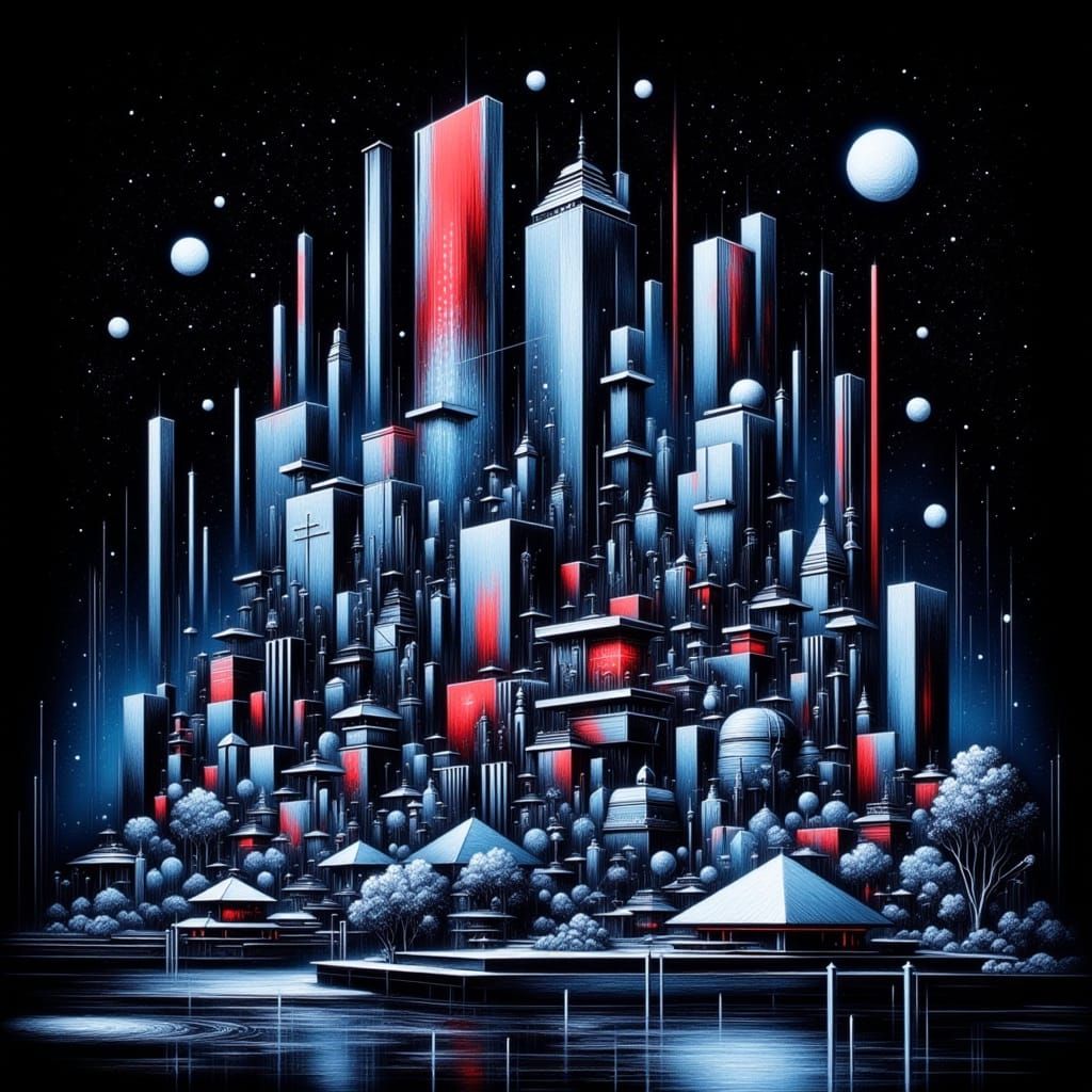 Futuristic Neocubist Cityscape in Teslapunk Style