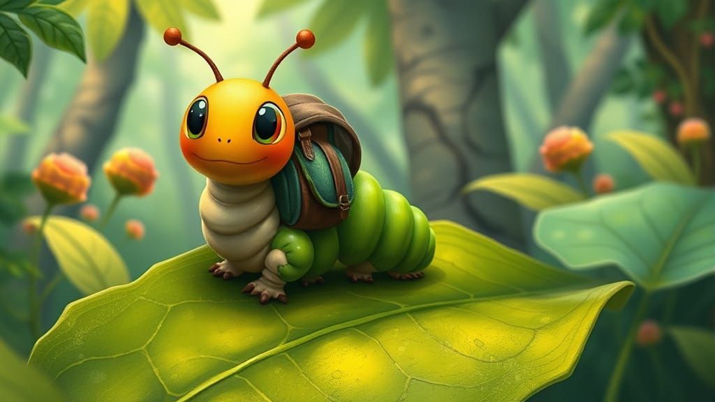 Energetic Caterpillar in Whimsical Forest, Storybook Art