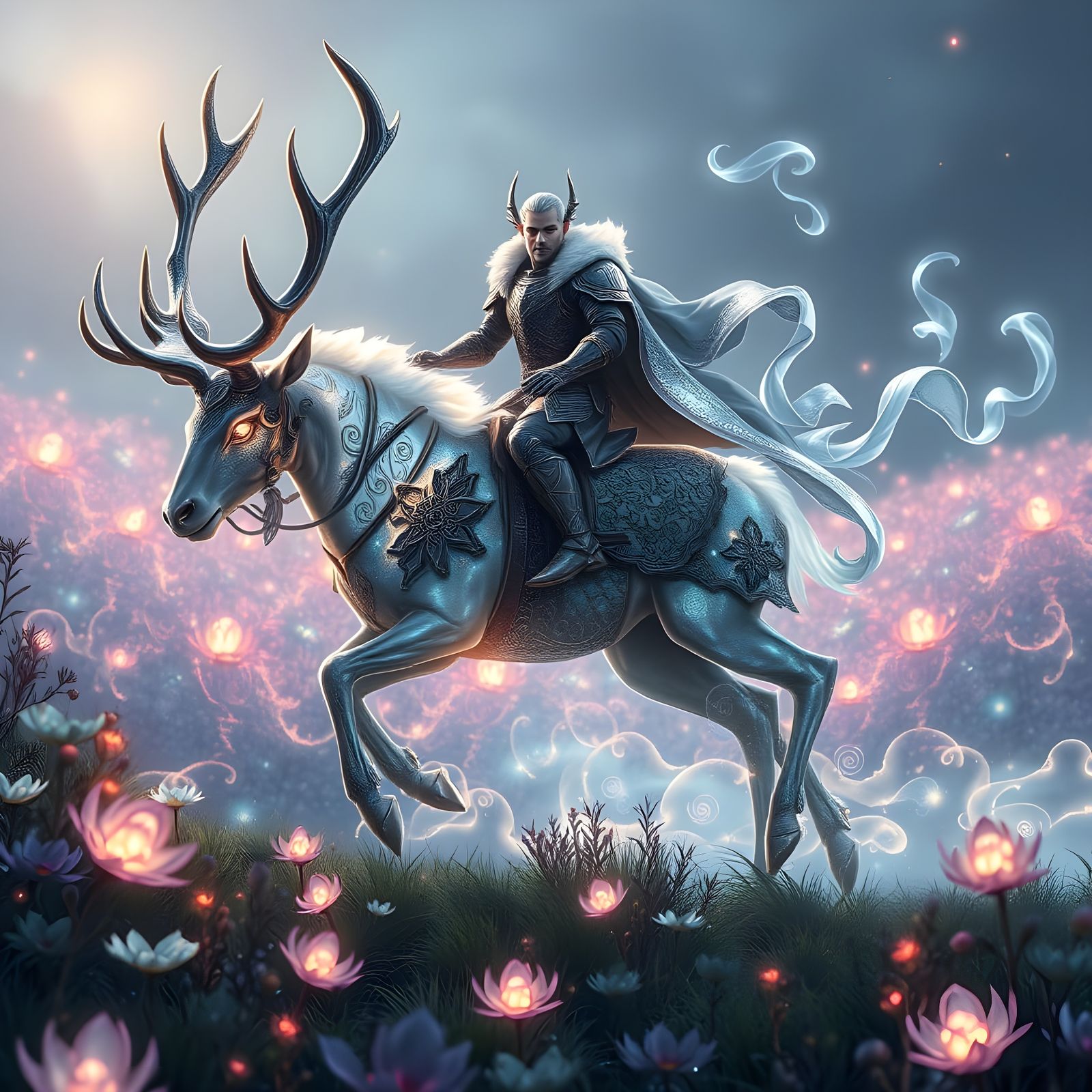 Armored Elf Warrior Rides Ethereal Stag