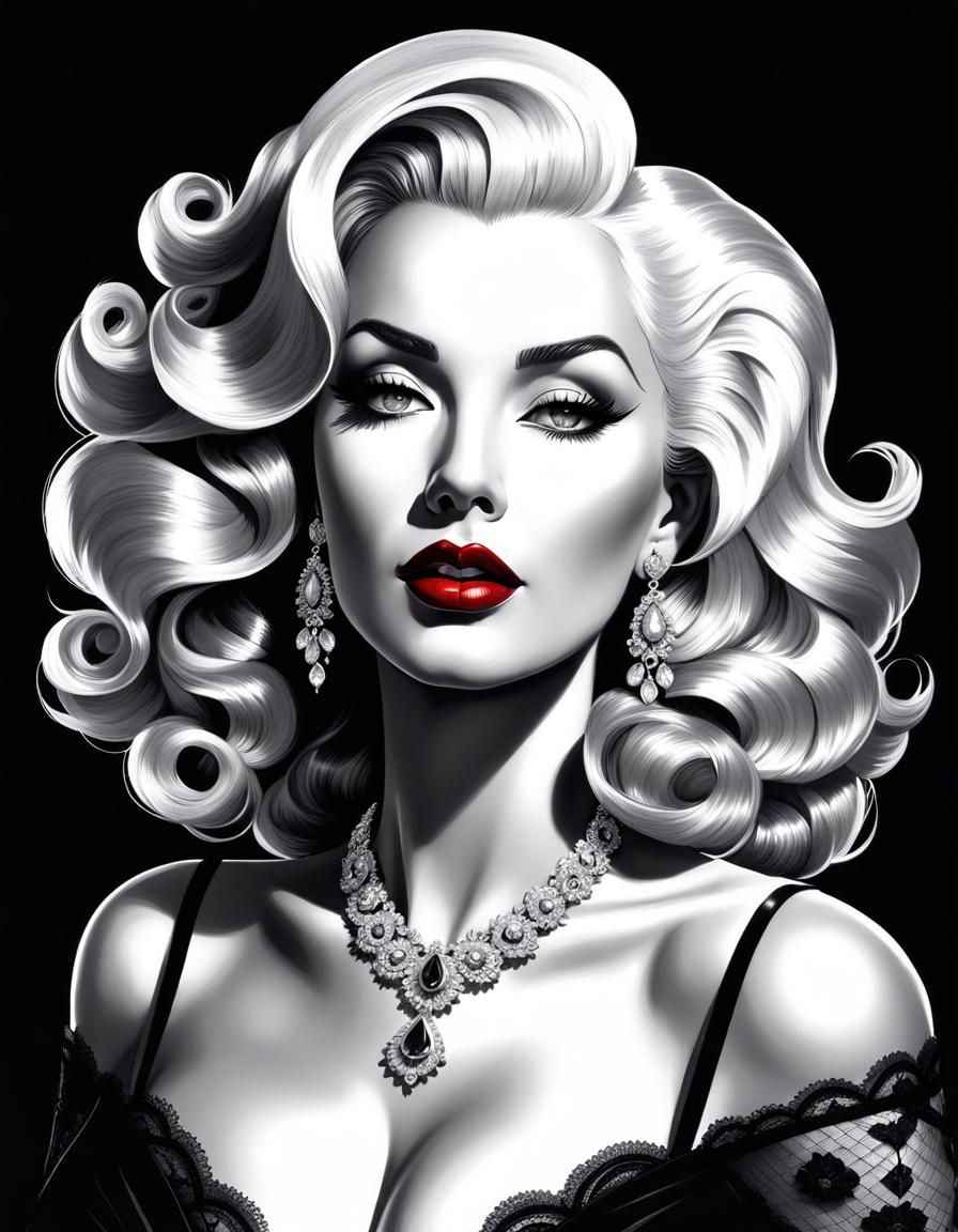 Glamorous 50s Woman in Graphite Drawing