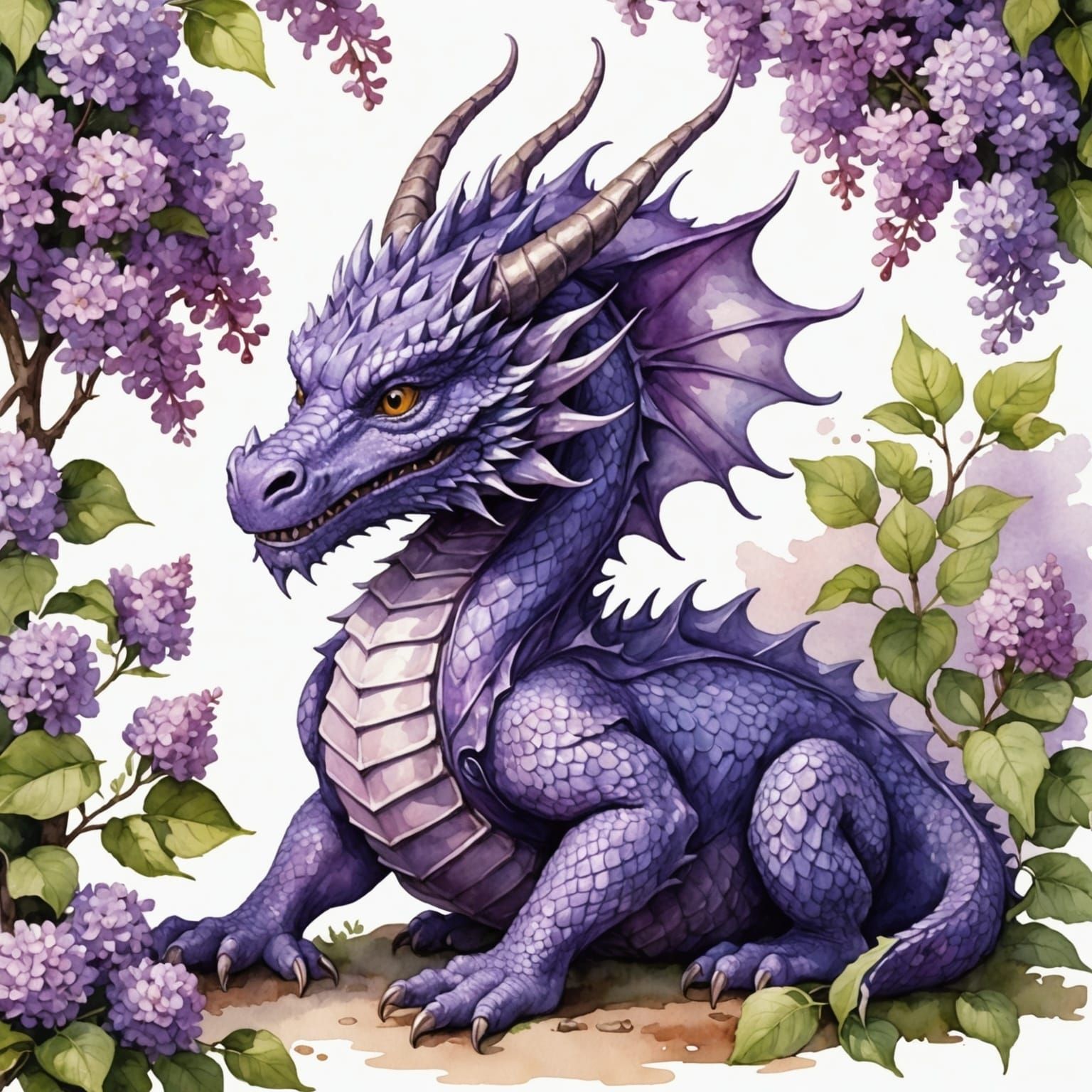 Watercolor Purple Dragon Under Lilac Bush
