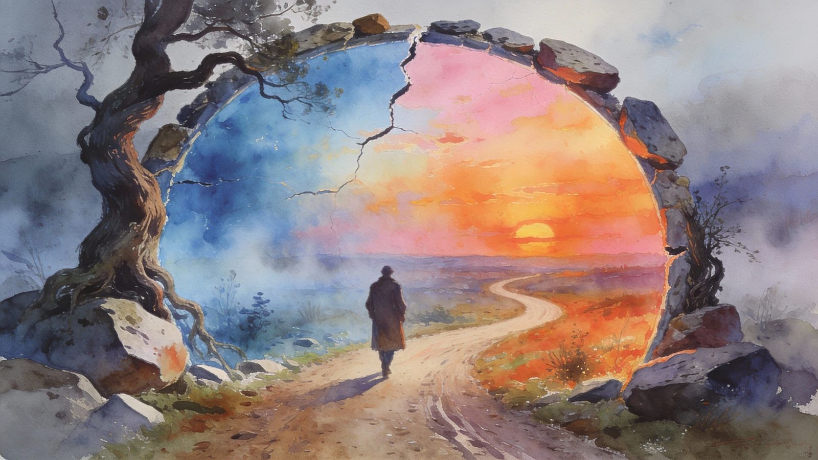 Wanderer Enters Colorful New World in Watercolor