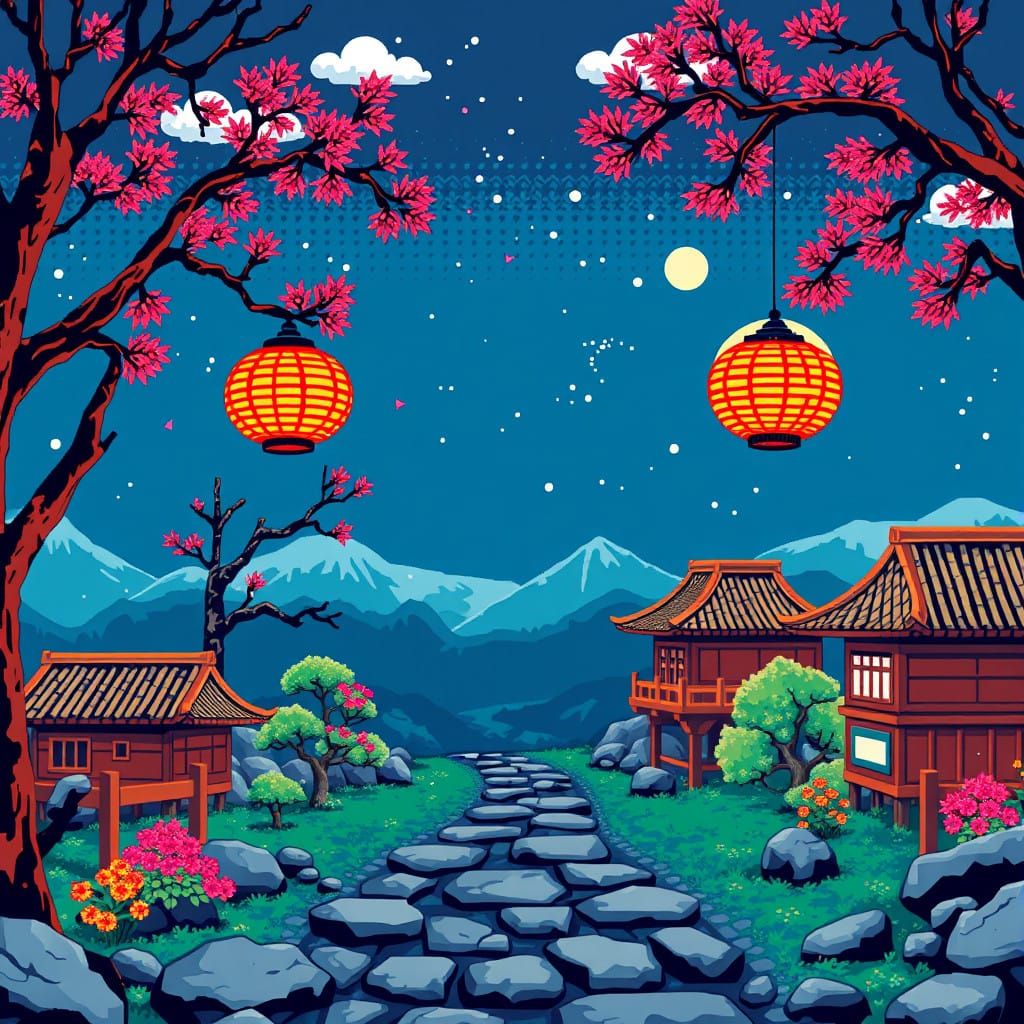 Vintage Pixel Art Adventure in Hanafuda Aesthetic