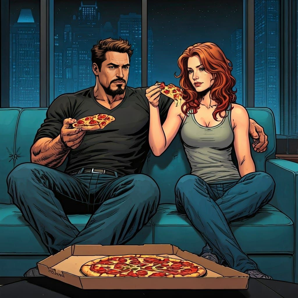 Tony Stark and Redhead Enjoy Pizza in Penthouse