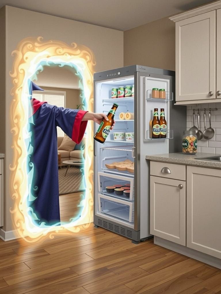 Wizard Grabs Beer Through Portal Into Kitchen