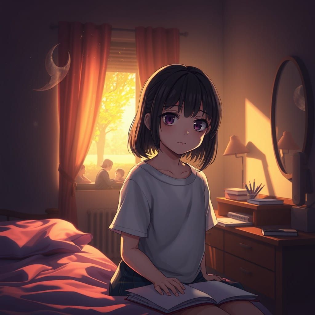 Mysterious Bedroom Scene in Cyberpunk Aesthetic