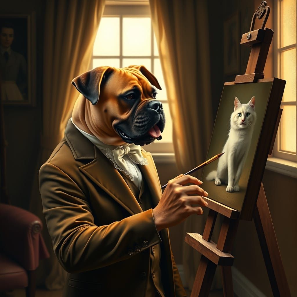 Regal Yellow Boxer Dog Paints Feline Portrait in Elegant Stu...
