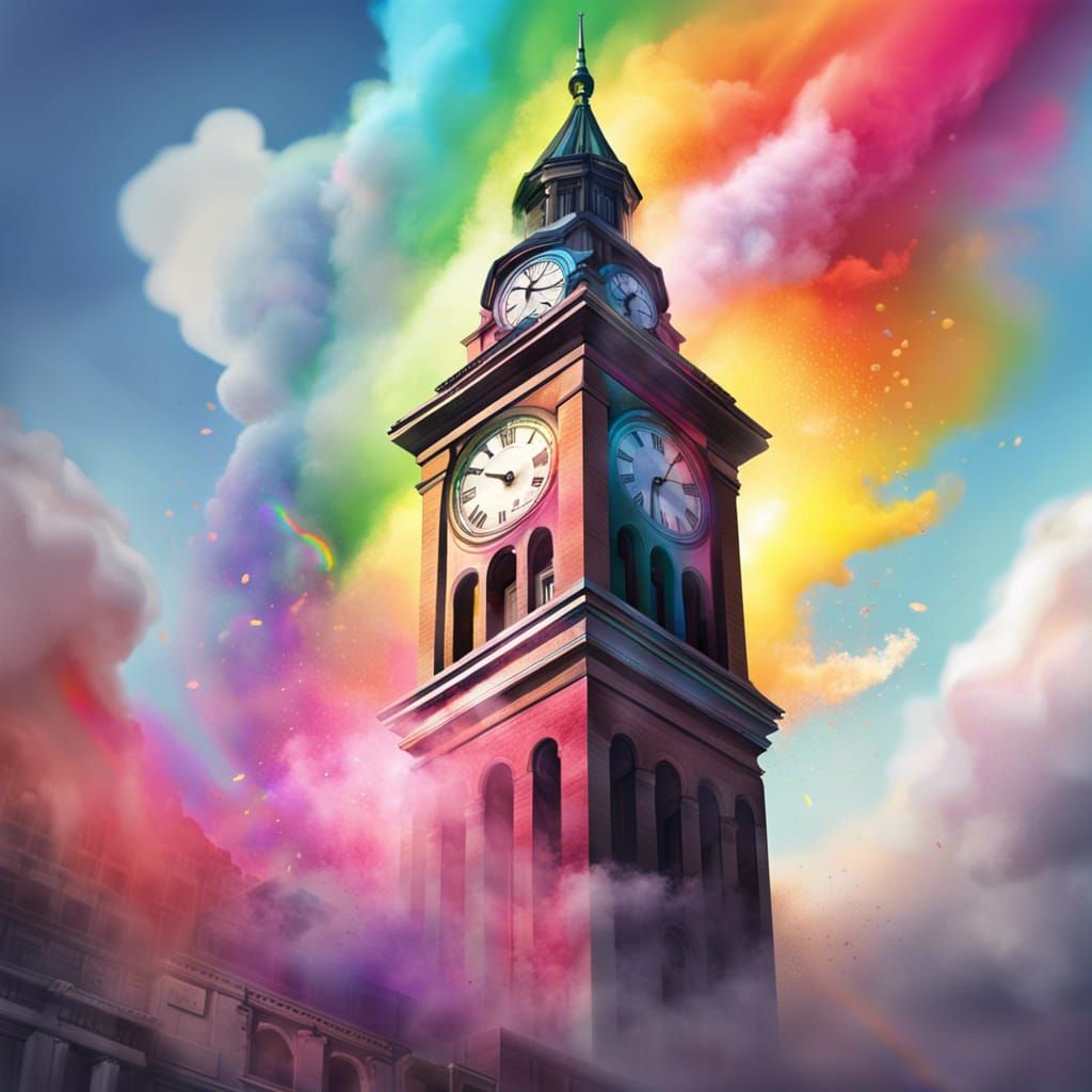 Clock Tower with Rainbow Smoke in Cityscape