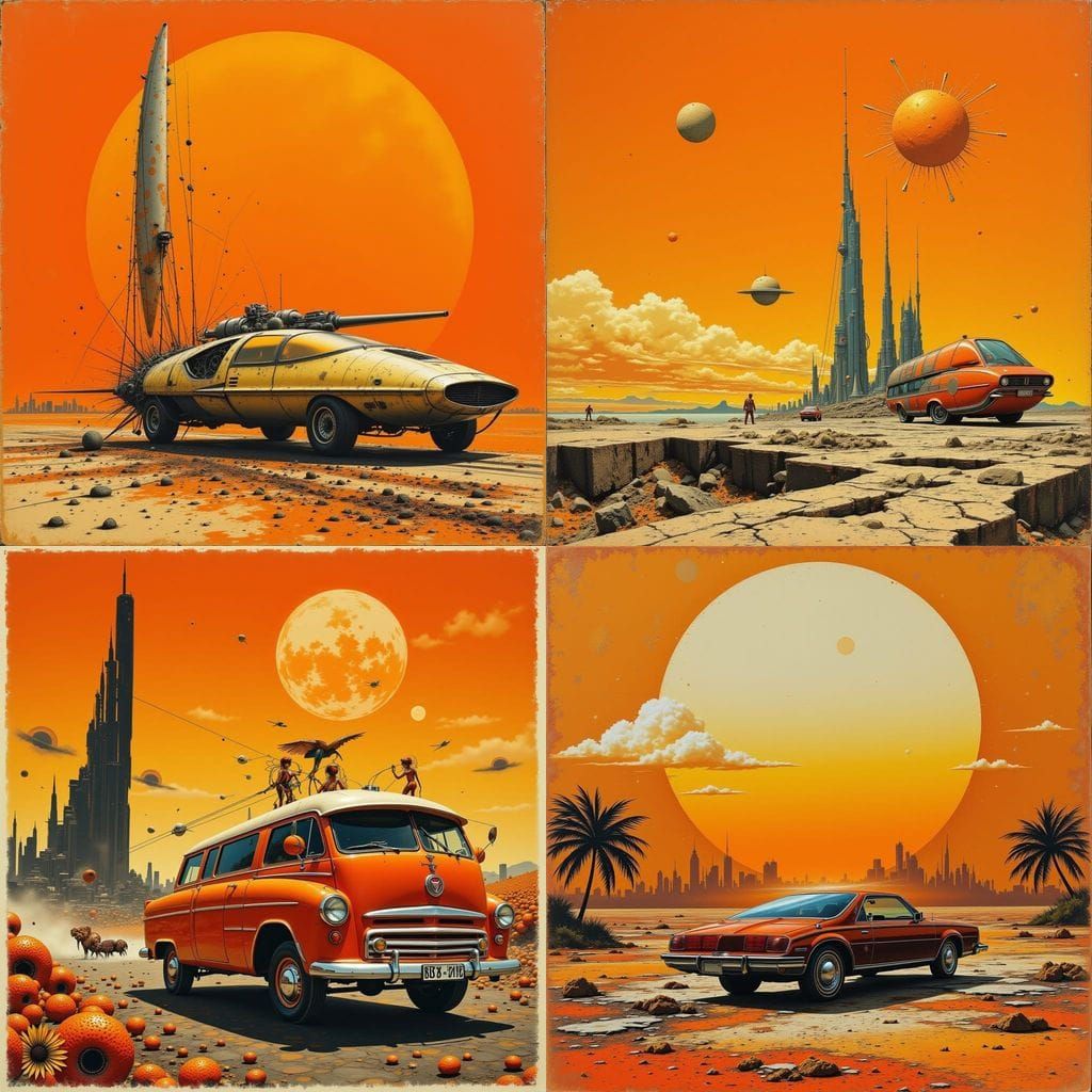 Retro Futuristic Orange Cityscape with Soft Chrome Details