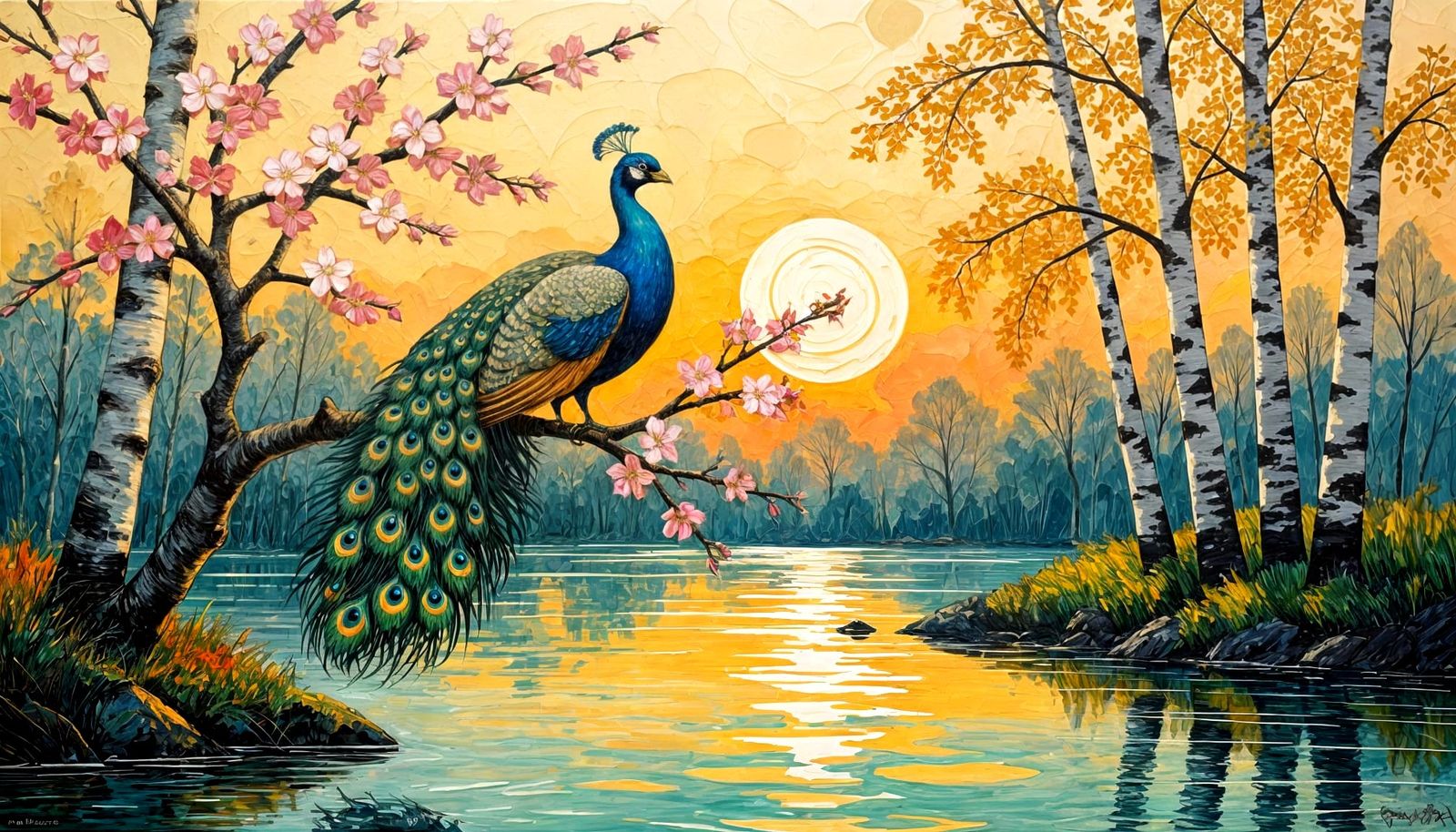 Peacock in Cherry Blossoms: Impasto Expressionist Painting