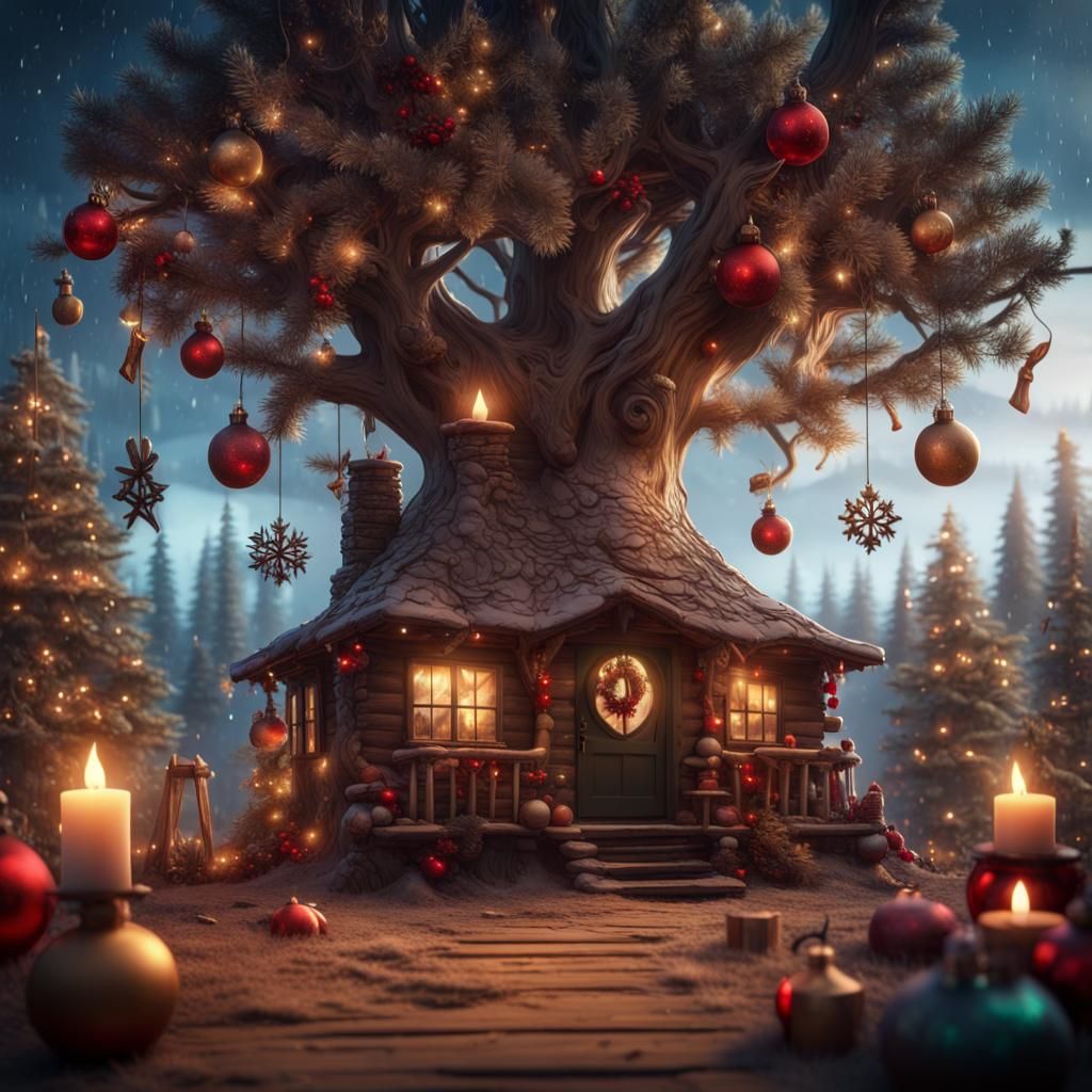 Festive Witch Cabin in Snowy Woods: Digital Art