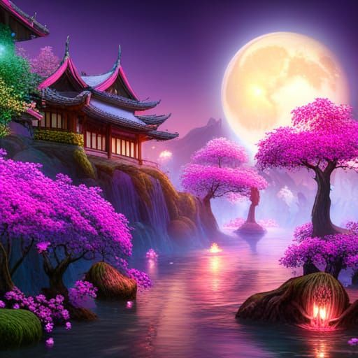 Night Temple Scene with Plum Tree and Waterfall
