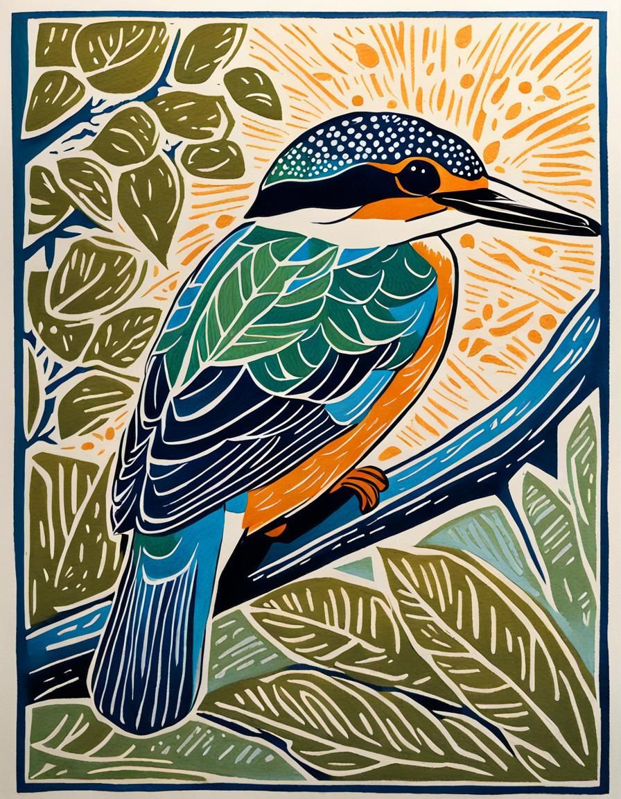 Kingfisher on Branch: Linocut Gouache Painting