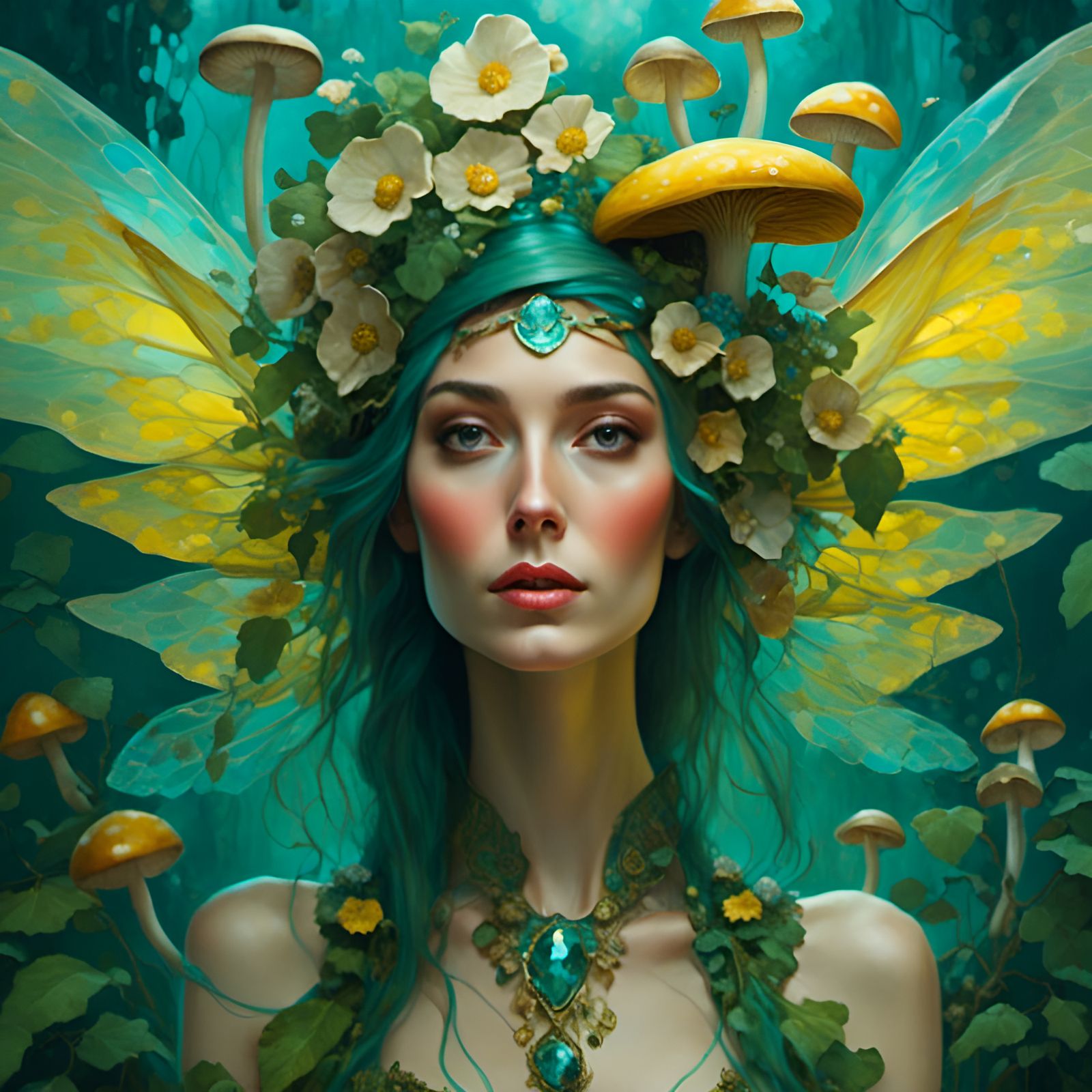 Vivid Mushroom Fairy Portrait in Oil Painting Style