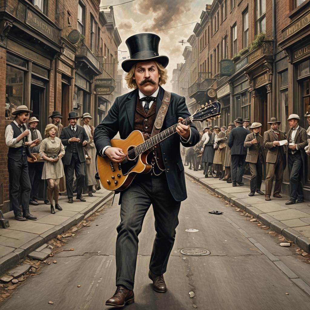 Steampunk Musician Strolls Down Victorian Street