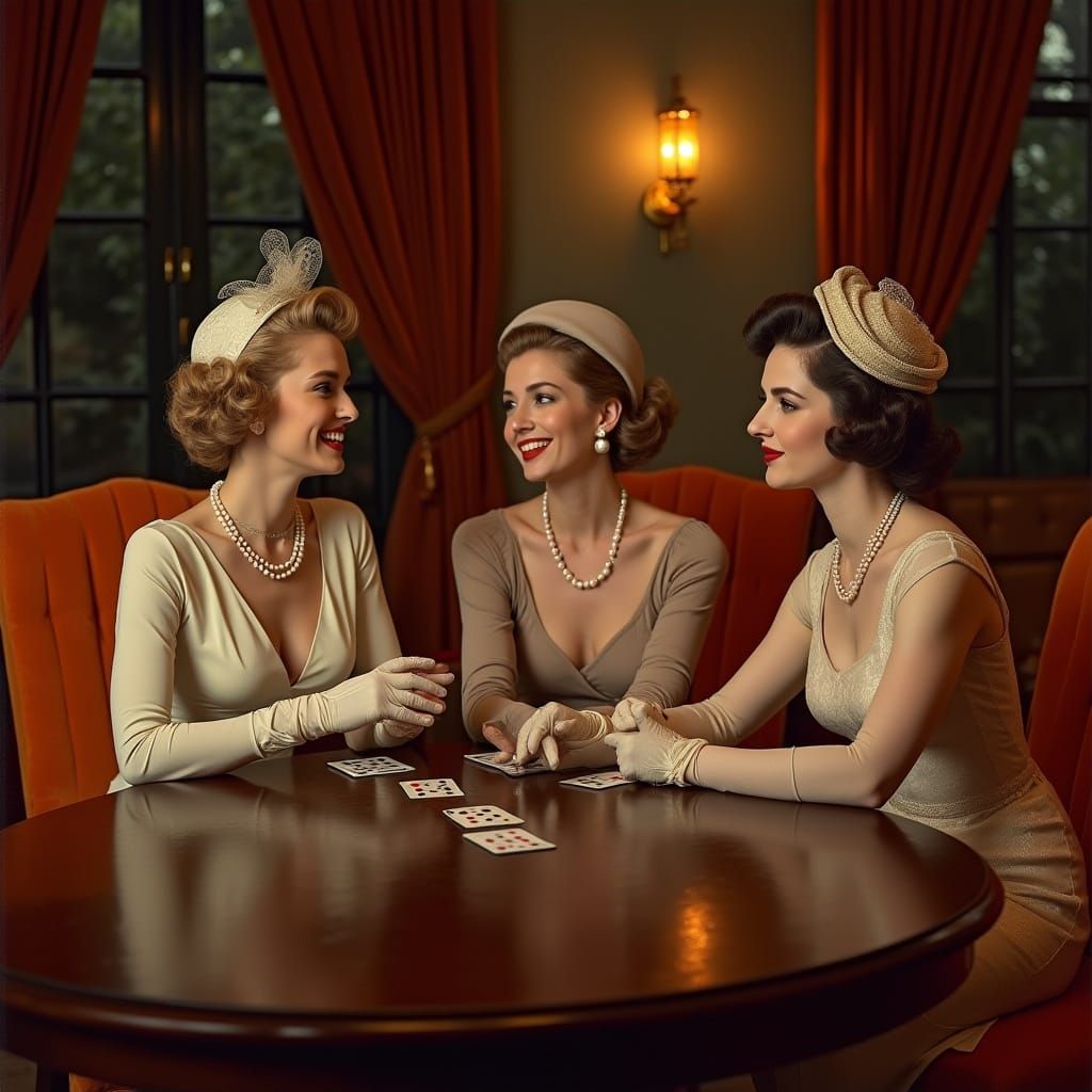 Elegant Women Gather for Bridge Game in 1950s Los Angeles Co...