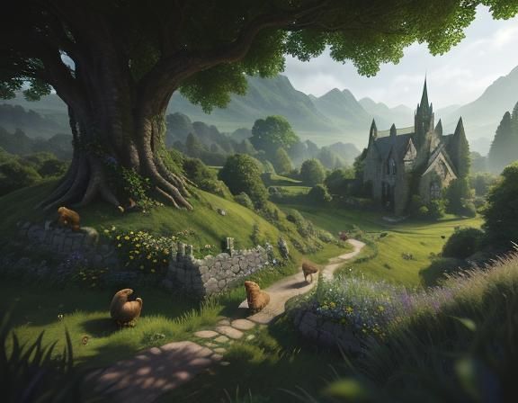 Hobbit and Hens in Lush Meadow, 3D Art