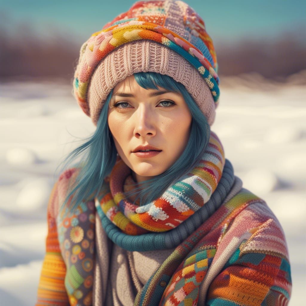 Boho Punk Woman in Snowy Field Portrait