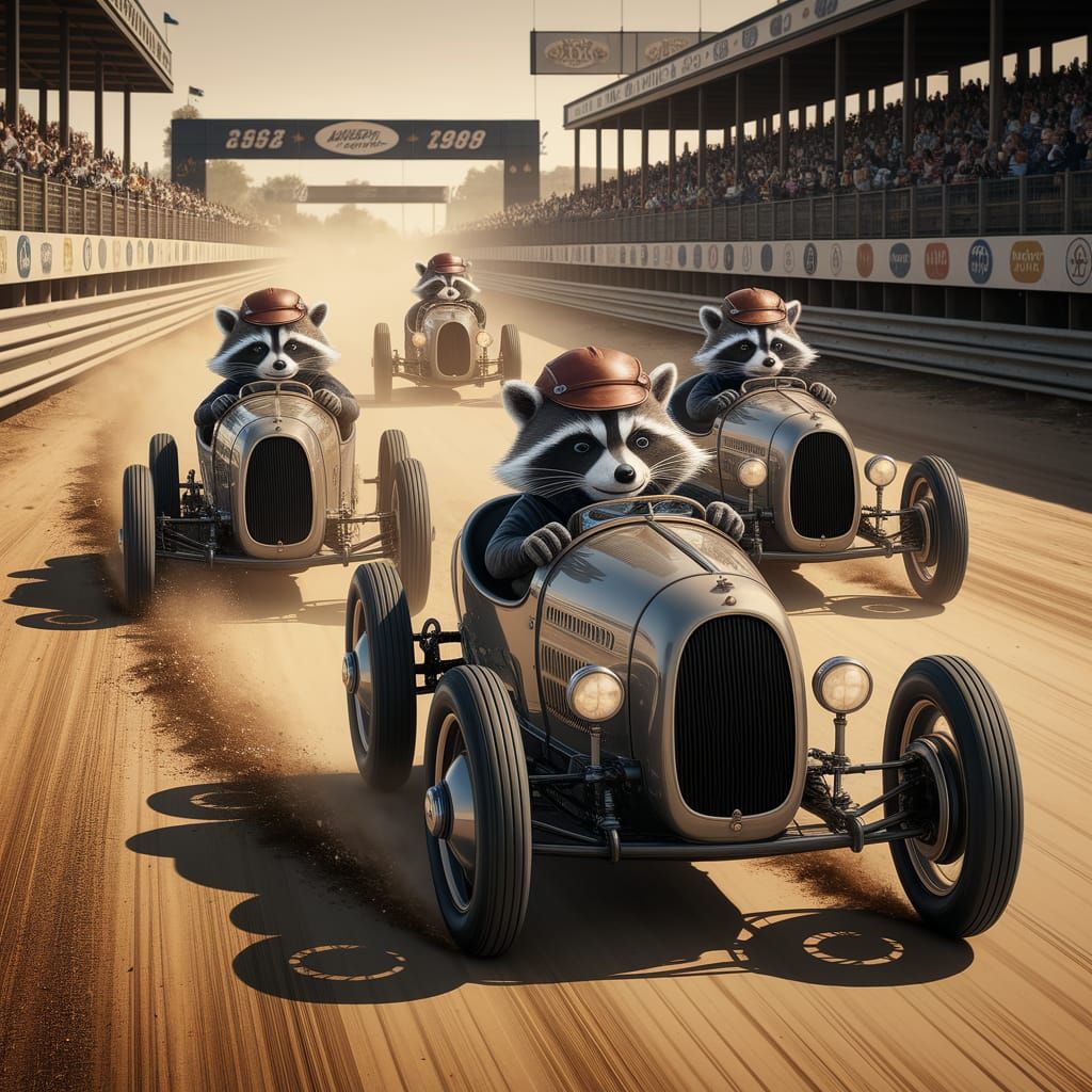 Raccoon Racers on Vintage Dirt Track, Rockwell Style