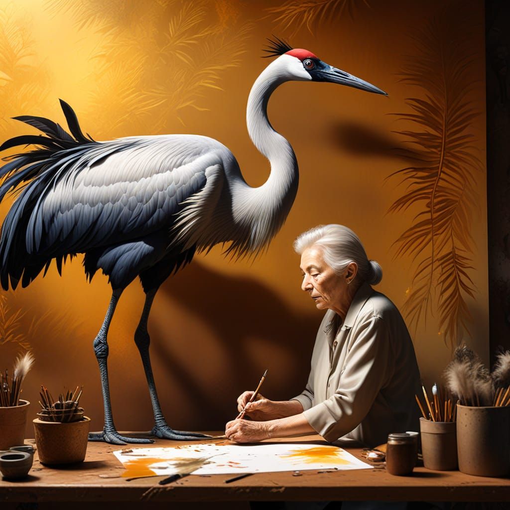 Old Woman Airbrush Artist Paints Exotic Crane