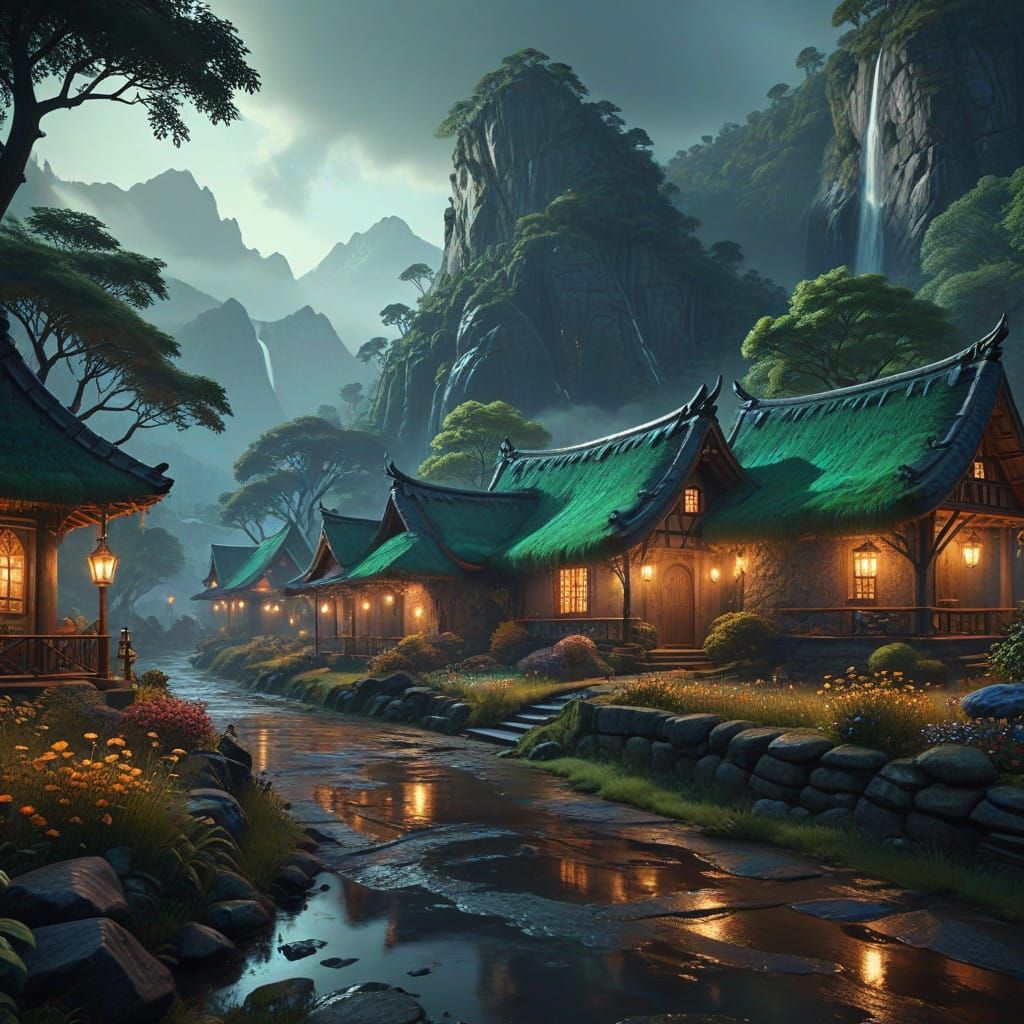 Ethereal Valley Village in Art Deco Style