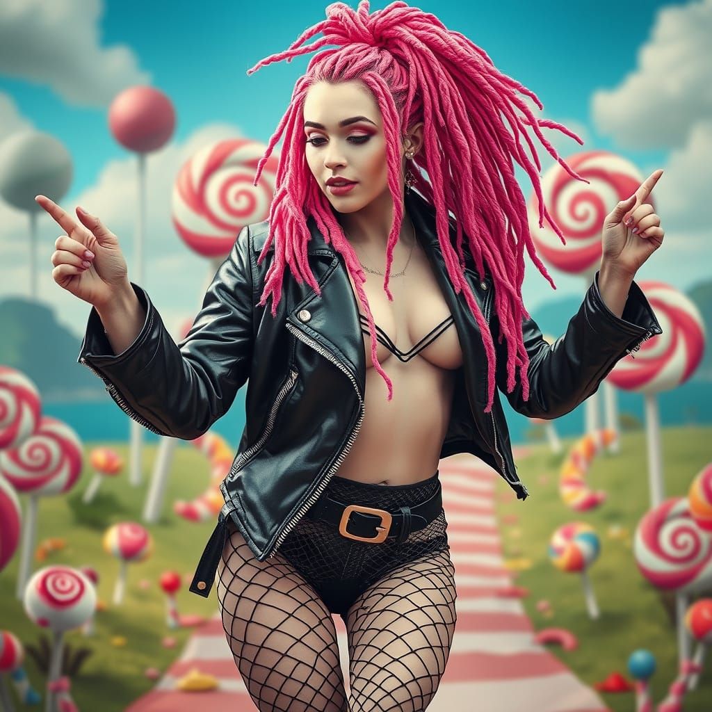 Woman with Pink Dreadlocks Dancing in Candy Land
