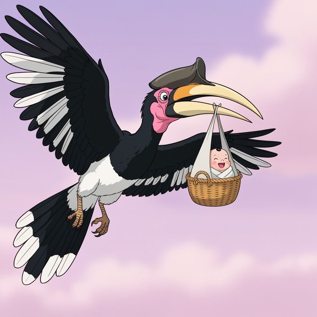 Trumpeter Hornbill Carries Baby in Studio Ghibli Style