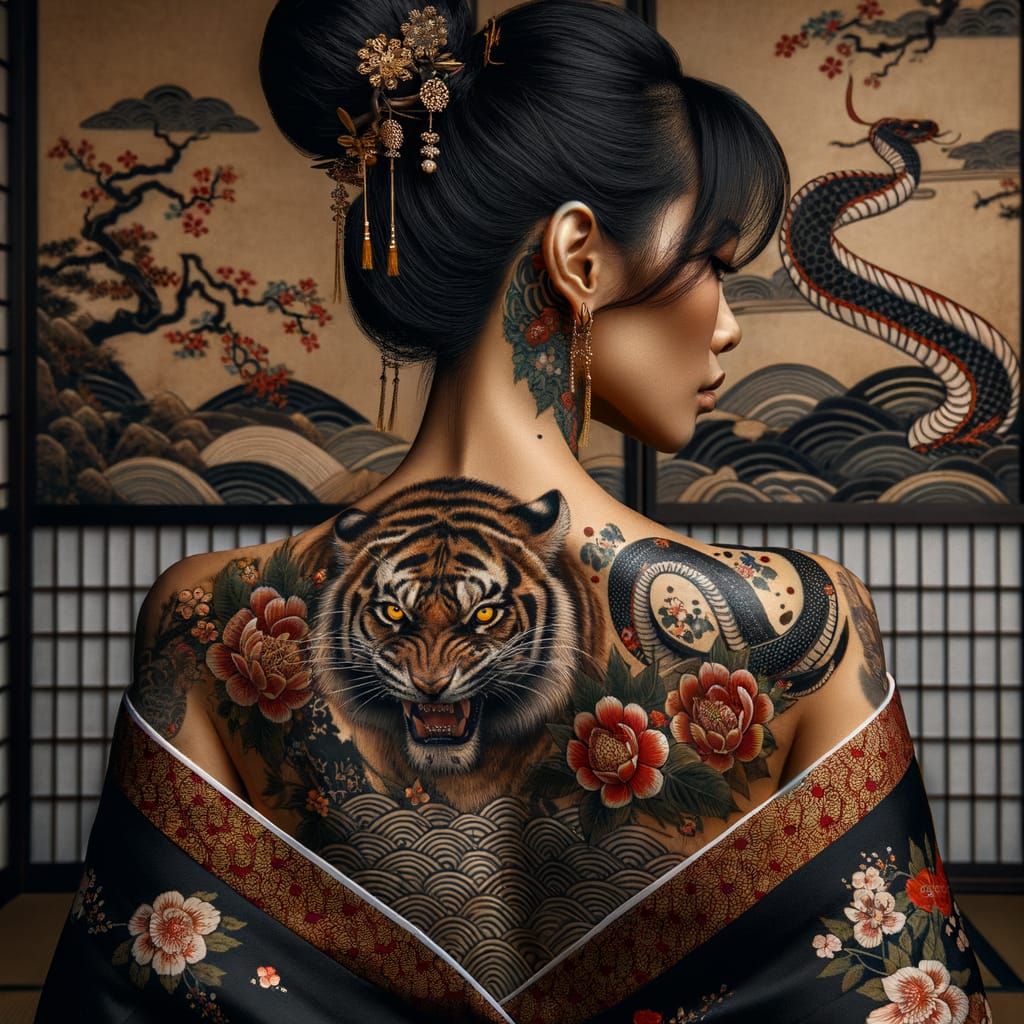 Woman with Tiger Tattoo in Japanese Setting