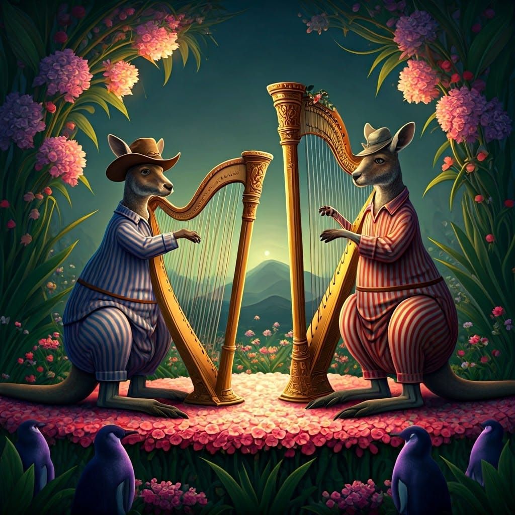 Whimsical Fantasy Scene with Striped Kangaroos and Harps