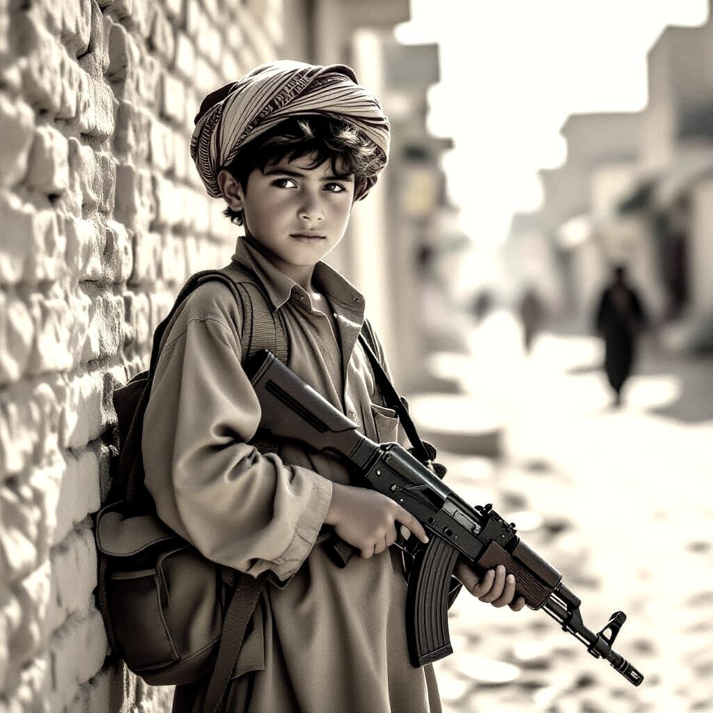 Afghan Boy with AK-47 on Kabul Street