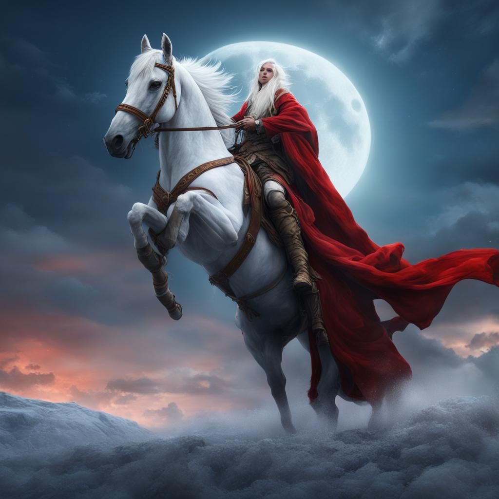 Druid on White Horse Under Moonlit Sky