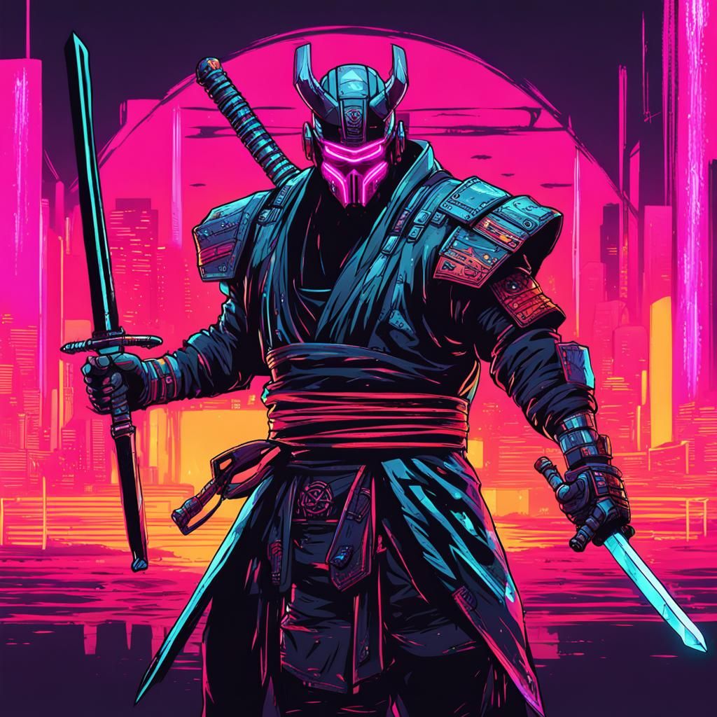 Cyber Samurai with Oni Mask in Cyberpunk Style