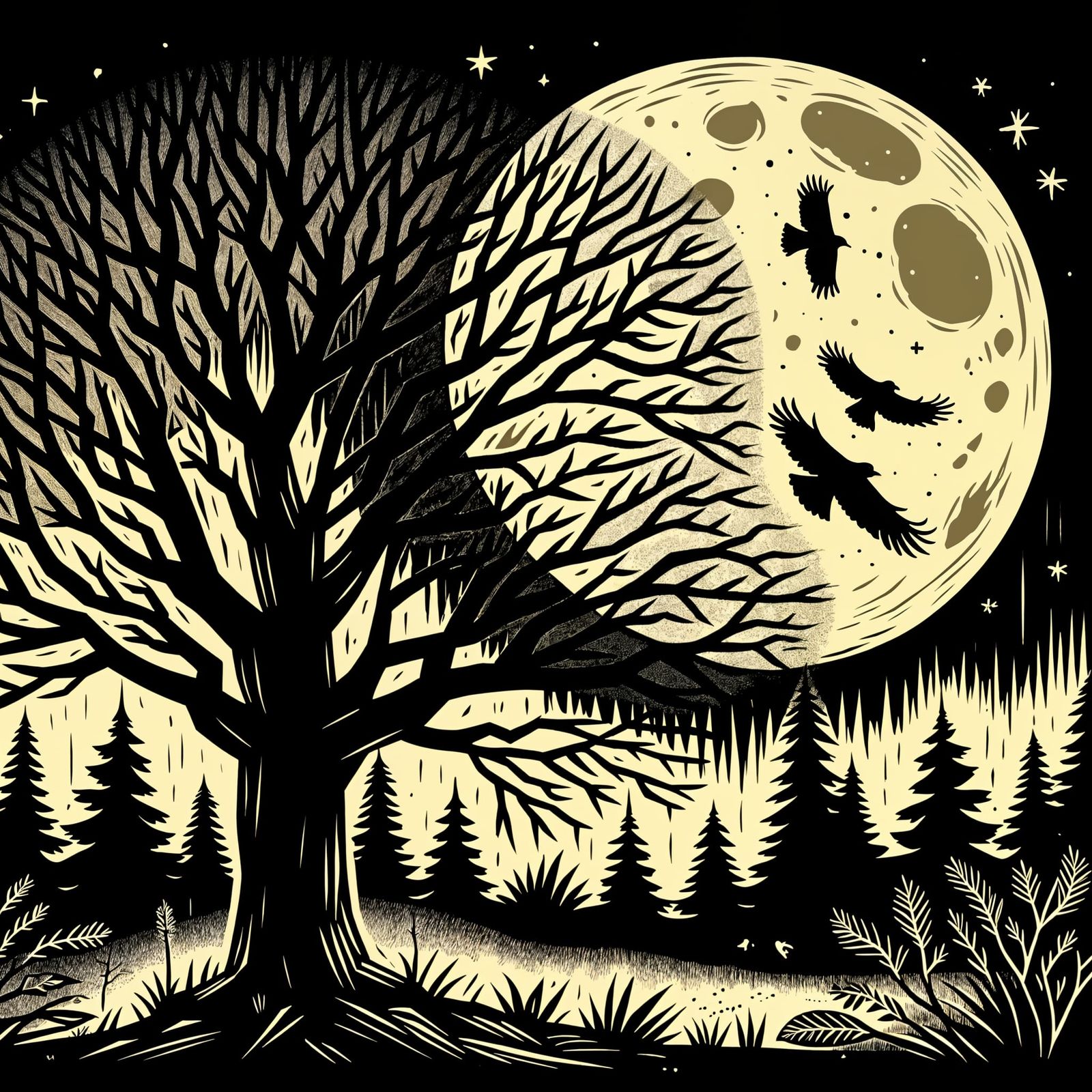 A Nighttime Forest Scene in Linocut Style