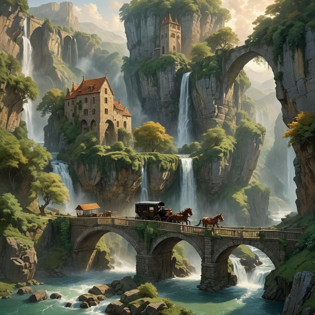 Fantasy Landscape with Waterfalls and Horse-Drawn Carriage
