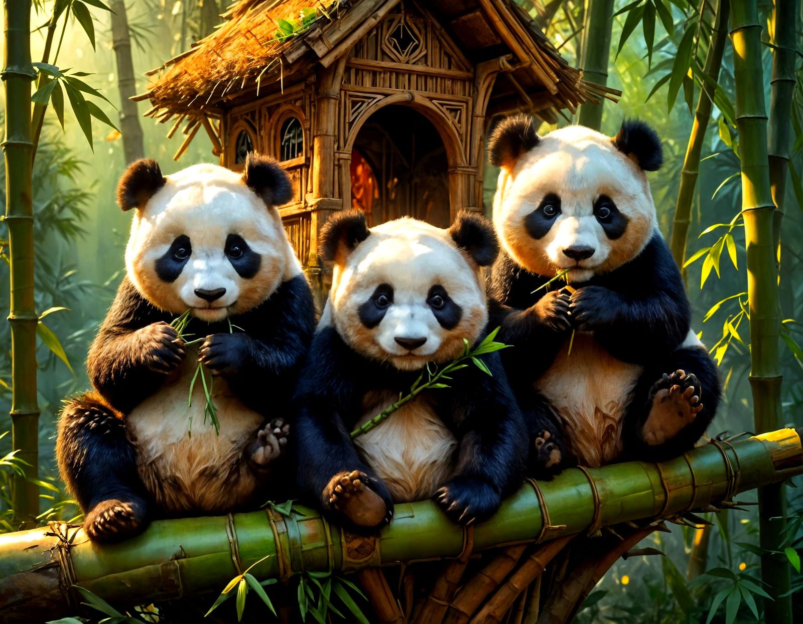 Chubby Panda Bears in a Bamboo Treehouse