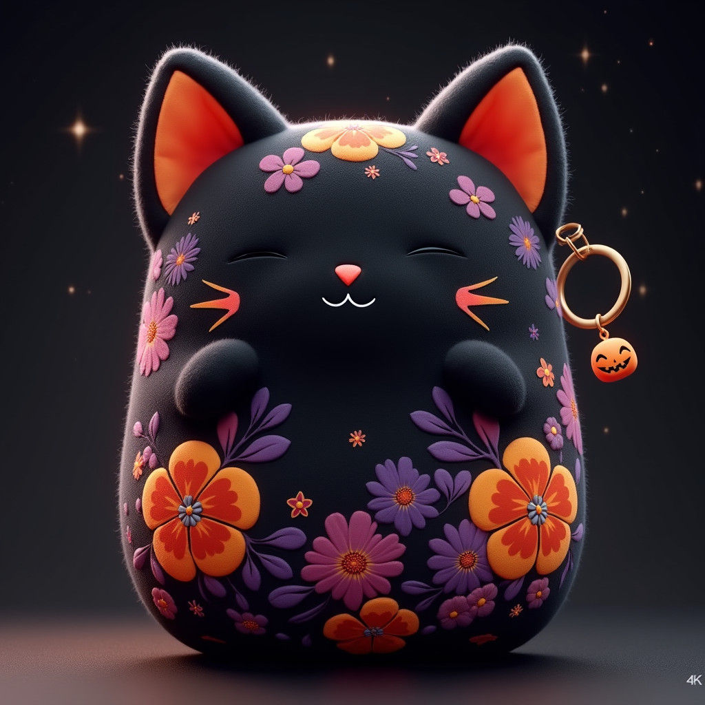 Floral Black Cat Squishmallow Portrait in Art Nouveau Style
