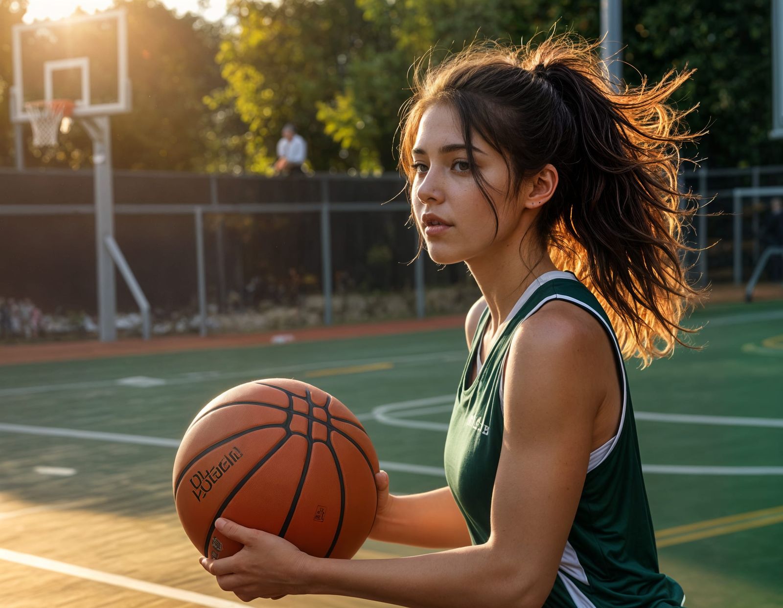 Realistic Ulzzang Girl on Basketball Court with Bokeh