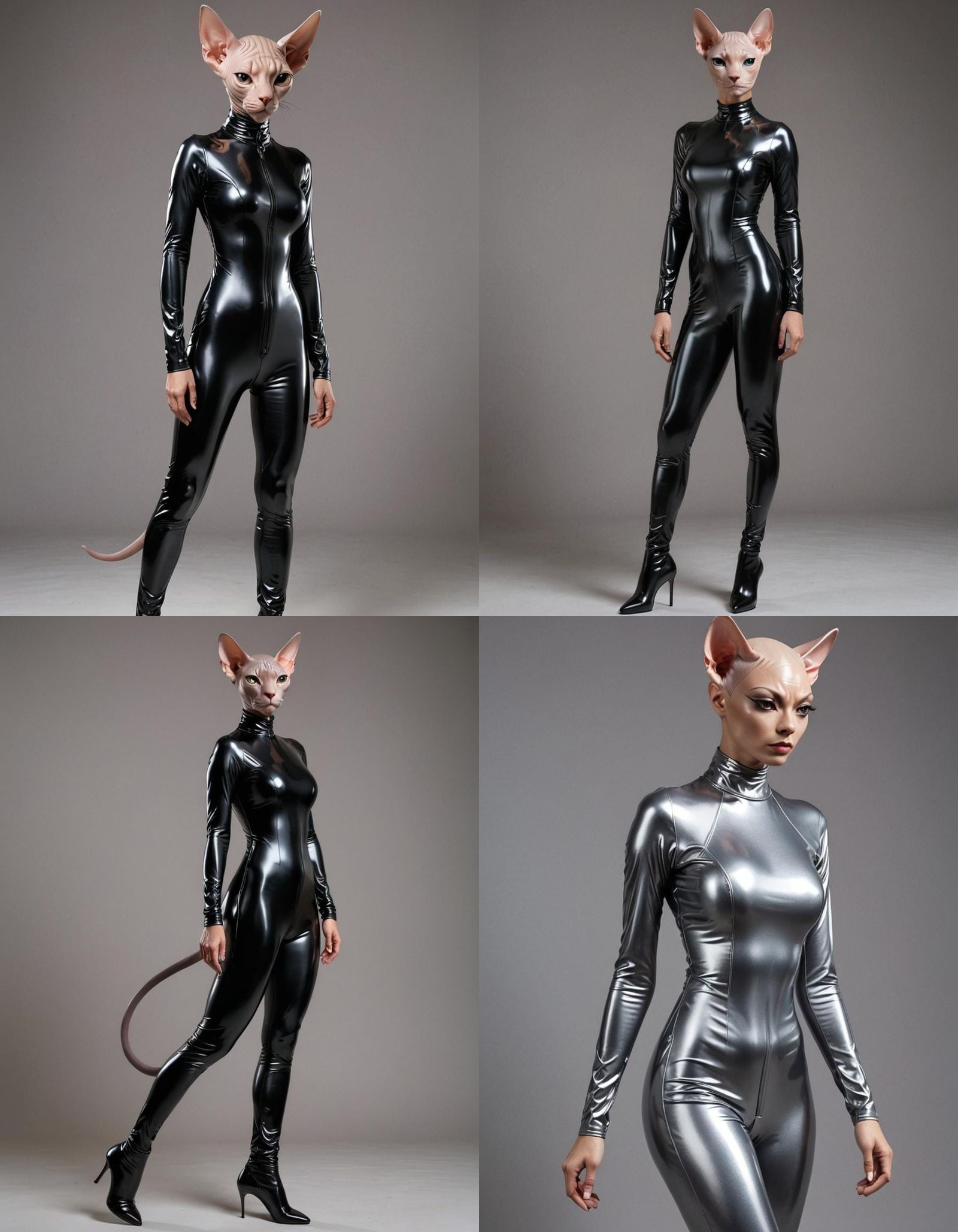 Woman in Shiny Latex Sphynx Cat Catsuit