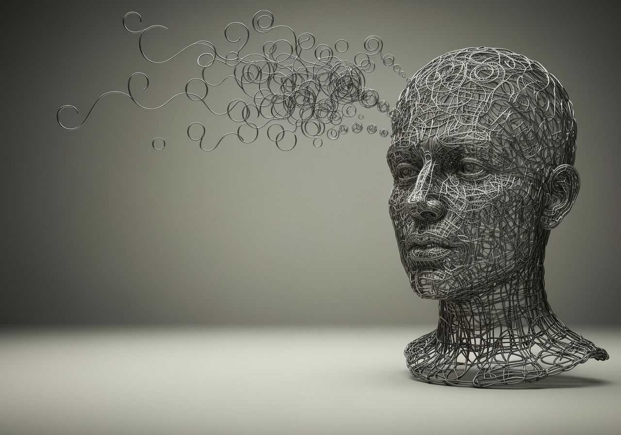 Wire Sculpture of Human Head with Escaping Thoughts