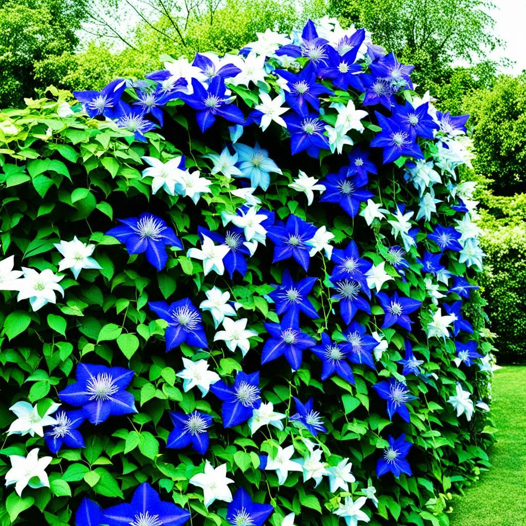 Blue and White Clematis Climbing a Trellis