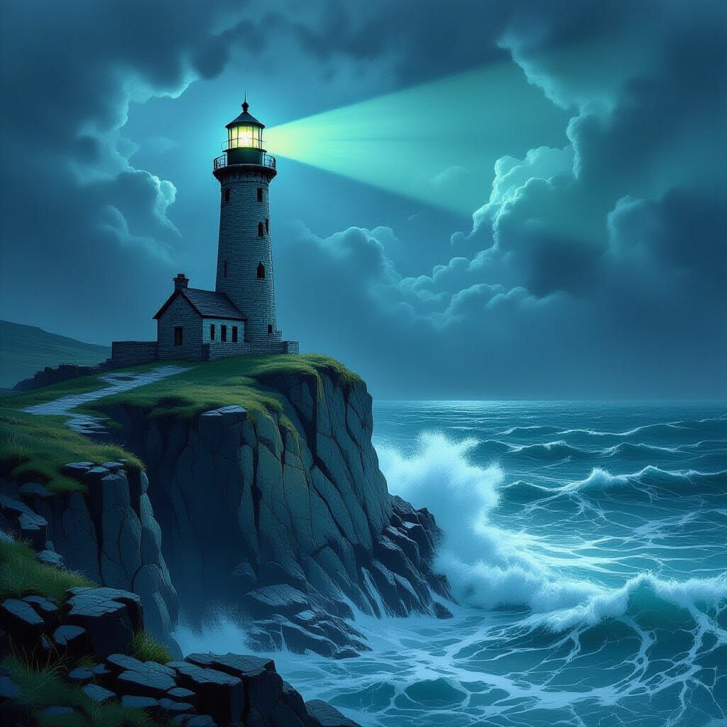 Gothic Lighthouse in Stormy Seas