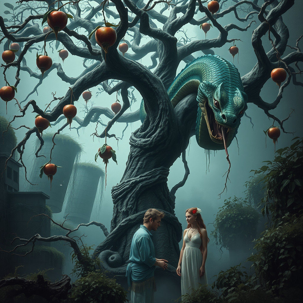 Decaying Garden of Eden with Serpent, in Surrealist Style