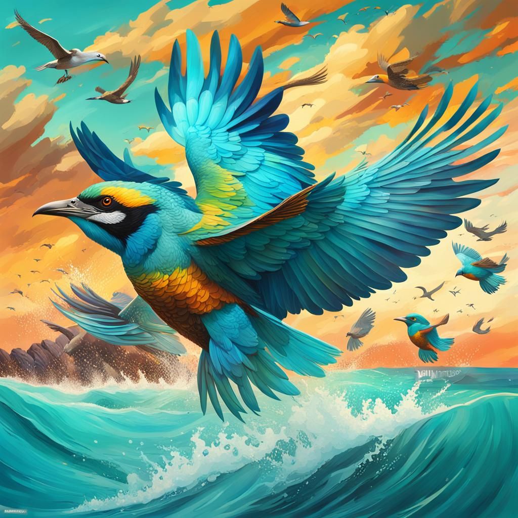 Birds Fly Over Turquoise Sea: Hyperrealistic Splash Art