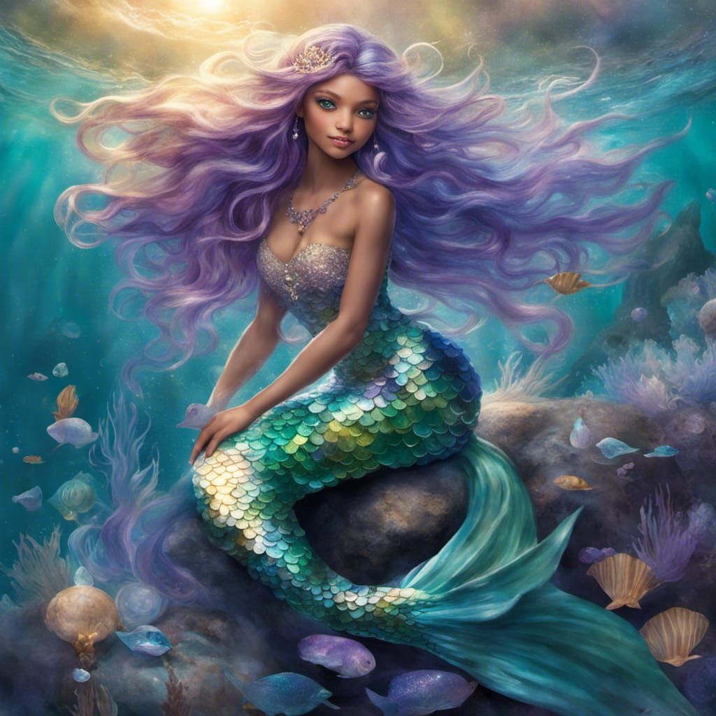 Ethereal Mermaid Princess on Sun-Kissed Rocks