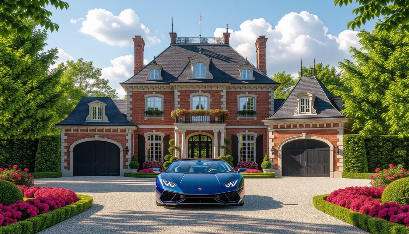 Victorian Chateau with Lamborghini in Vibrant Garden