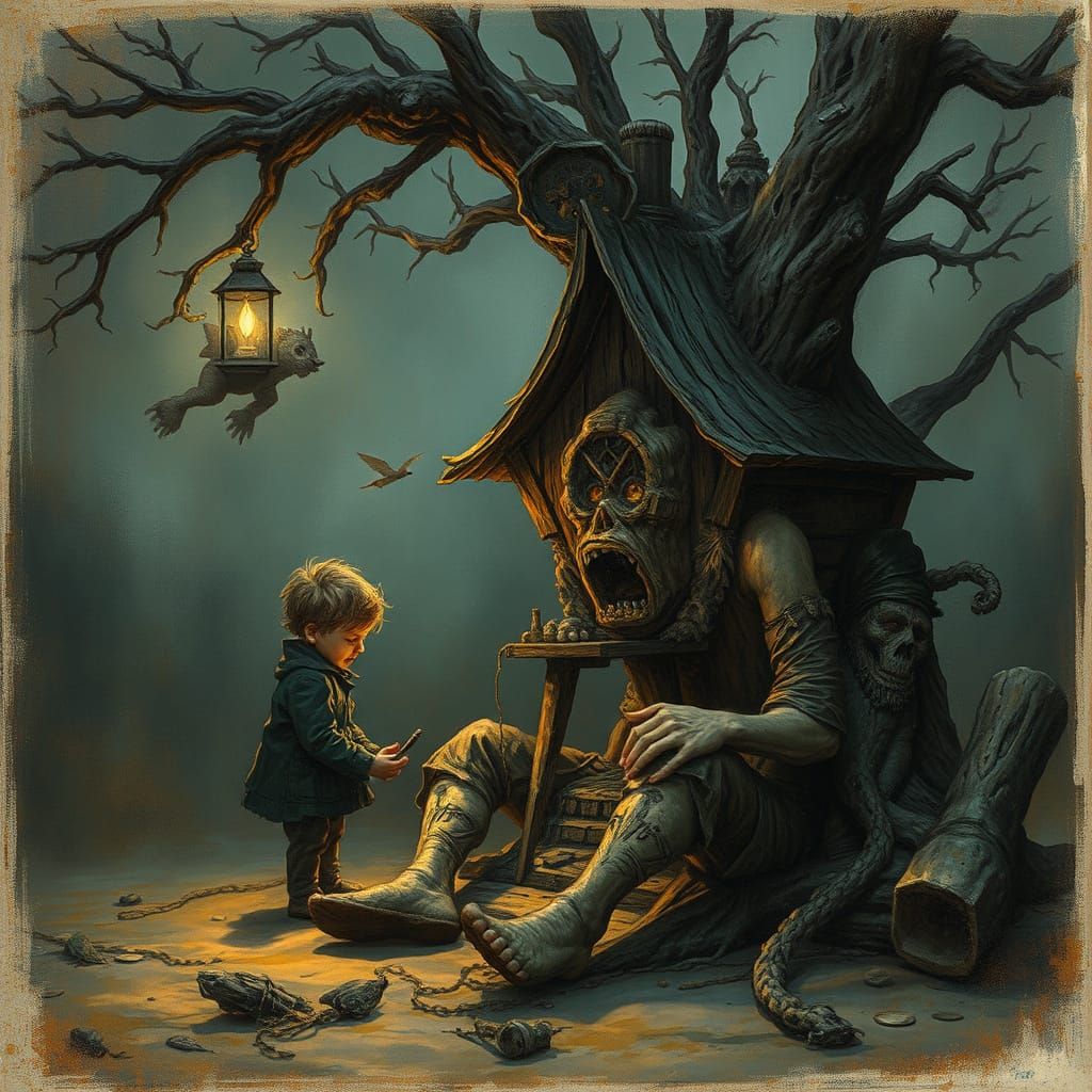 Poverty-Stricken Boy Plays with Mini Treehouse Amidst Street...